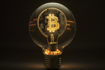 Bitcoin symbol illuminated inside a light bulb with dark background. Generative AI.