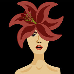 Fashion portrait of a woman with a hairstyle made of flowers. A girl with a lily in her hair.