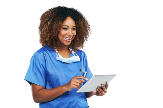 Healthcare, nurse and black woman with tablet search. Technology, wellness and portrait of female medical physician with touchscreen for research or telehealth isolated on a png background