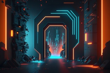 3d render, abstract urban background with glowing neon light, virtual reality cyber space, digital wallpaper