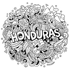 Honduras cartoon doodle illustration. Funny design. Creative vector background. Handwritten text with Jamaican elements and objects. Sketchy composition