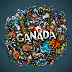 Canada cartoon doodle illustration. Funny design. Creative vector background. Handwritten text with Canadian elements and objects. Colorful composition