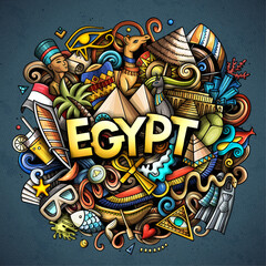 Egypt cartoon doodle illustration. Funny design. Creative vector background. Handwritten text with Egyptian elements and objects. Colorful composition