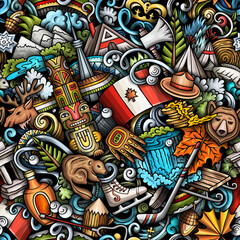 Fototapeta na wymiar Cartoon doodles Canada seamless pattern. Backdrop with local Canadian culture symbols and items. Colorful background for print on fabric, textile, greeting cards, scarves, wallpaper