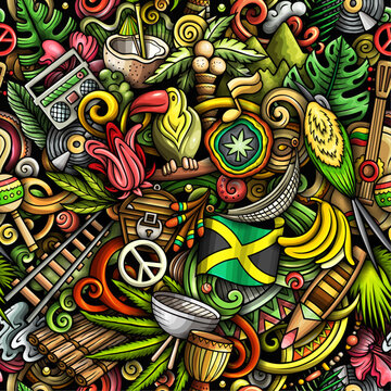 Cartoon doodles Jamaica seamless pattern. Backdrop with local Jamaican culture symbols and items. Colorful background for print on fabric, textile, greeting cards, scarves, wallpaper