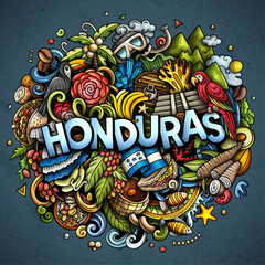 Honduras cartoon doodle illustration. Funny design. Creative vector background. Handwritten text with Honduran elements and objects. Colorful composition