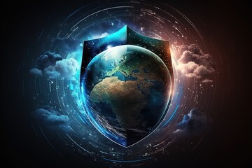 Secure Data Network Digital Cloud Computing Cyber Security Concept. Earth Element Furnished by Nasa