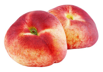 Two chinese flat donut peaches isolated on transparent background. Full depth of field.