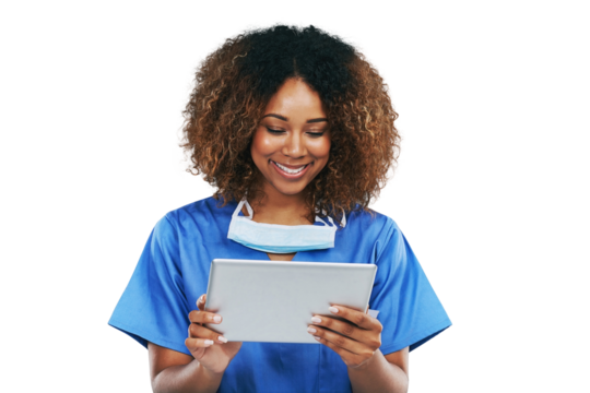 Healthcare tablet, nurse and black woman smiling. Technology, wellness app and happy young female medical physician with touchscreen for research or telehealth isolated on a png background