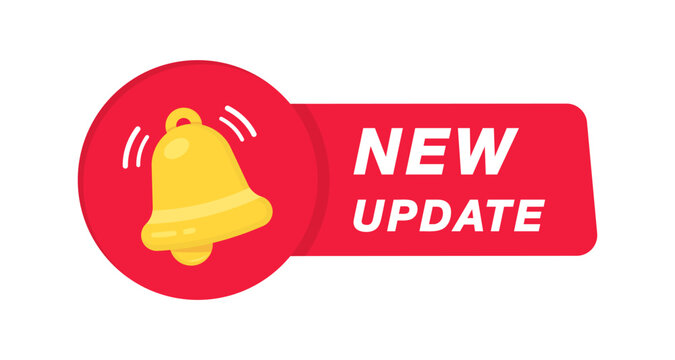 New update with bell. Modern label with bell. System software upgrade web banner element. New update available notification. Reminder for new update for software, web and app. Vector