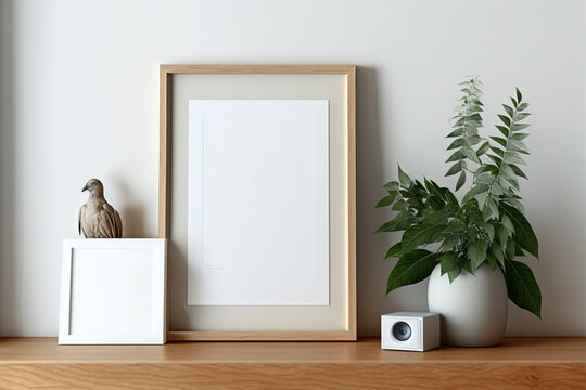 Blank wood vertical frame mockup, room with a picture frame and flowers, a wall interior background 