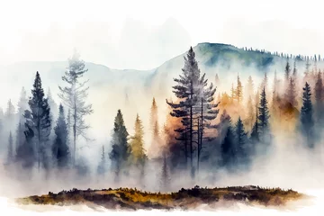 Foto op Plexiglas Mistig bos Digital watercolor painting Panorama of Pine forests on foggy Autumn Morning