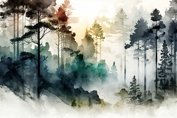 Digital watercolor painting Panorama of Pine forests on foggy Autumn Morning