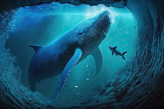 A Close Encounter in Fantasy Art: A Whale Among Cosmic Wonders in the Deep Sea. Generative AI