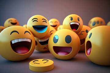 Smiling Faces: 3D Rendering of Happy and Laughing Emoticons in a Social Media and Communication Concept Illustration: Generative AI