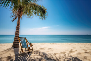 Fototapeta na wymiar Tropical Getaway. Beach chair placed on a pristine tropical beach. Generative Ai
