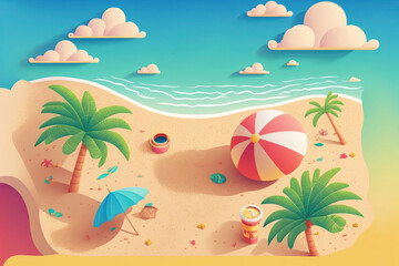 Fototapeta na wymiar Summer Fun on the Beach: Top View Illustration. Generative Ai