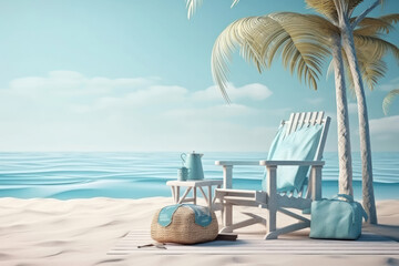 Tropical Getaway. Beach chair placed on a pristine tropical beach. Generative Ai