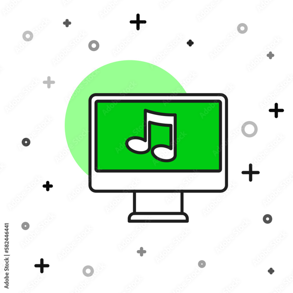 Poster filled outline computer with music note symbol on screen icon isolated on white background. vector