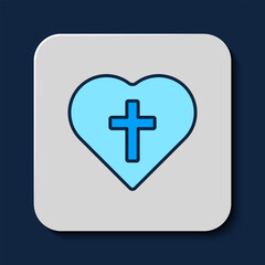 Filled outline Christian cross in heart icon isolated on blue background. Happy Easter. Vector