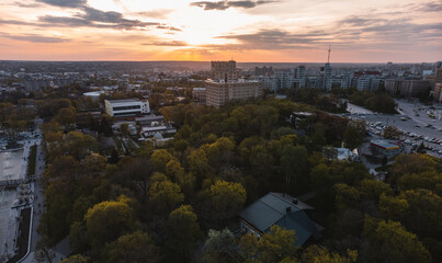 Sunset city aerial on University and Derzhprom