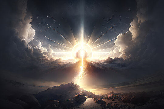 Paradise concept, divine miracle, magic. Bright light and passage in sky over desert. Generative AI