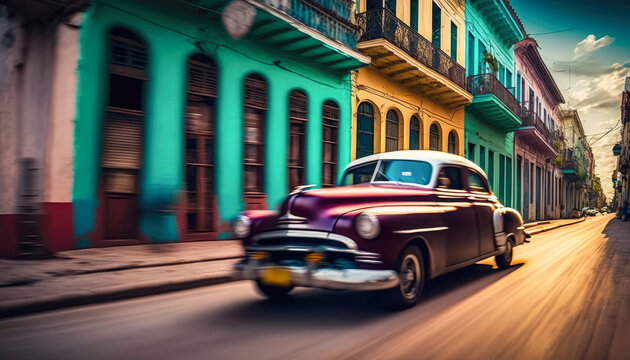 vintage car driving through the streets of Havana, with the colorful buildings and traditional architecture of the city in the background, long exposure - Generative AI