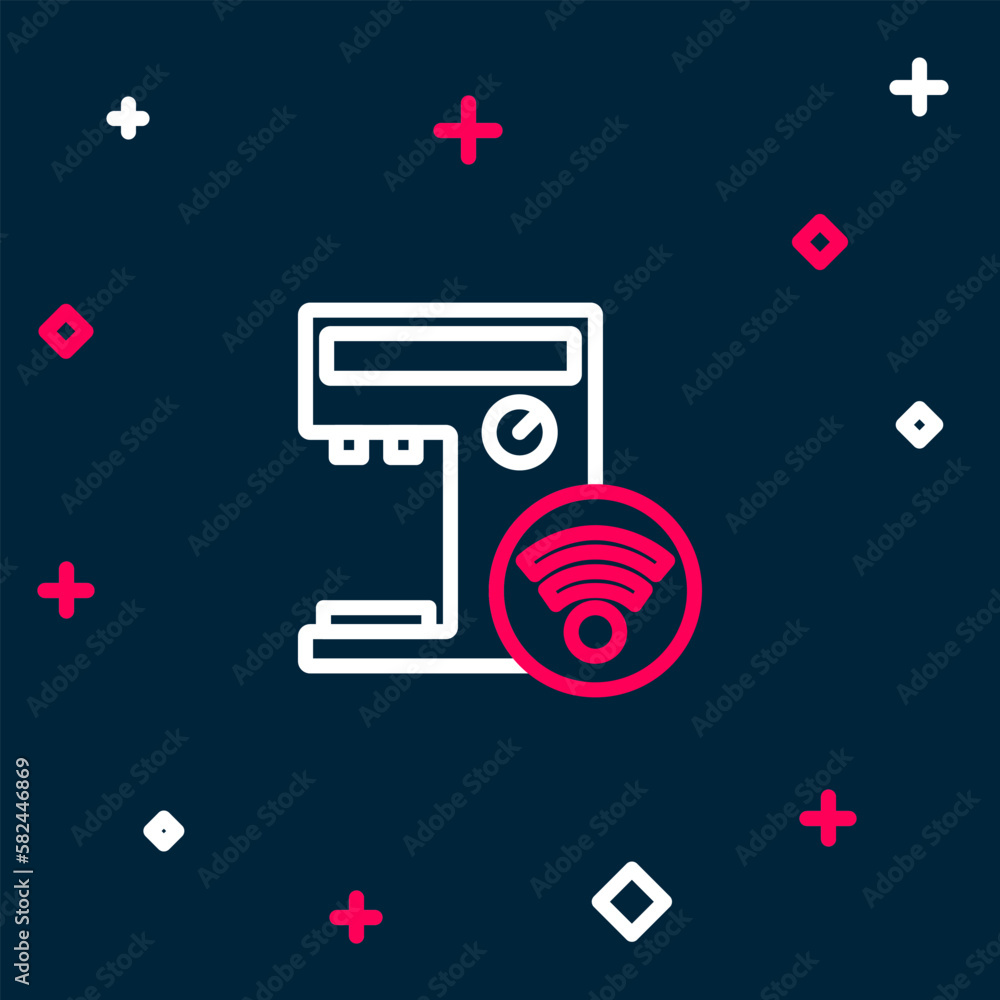 Poster line smart coffee machine system icon isolated on blue background. internet of things concept with w