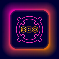Glowing neon line SEO optimization icon isolated on black background. Colorful outline concept. Vector