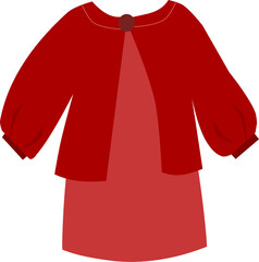 Red dress icon. Outfit for little princess, stylish and fashionable clothes. Social media graphic elements. Red cardigan sweater. Formal wear for kids. Cartoon flat vector illustration.