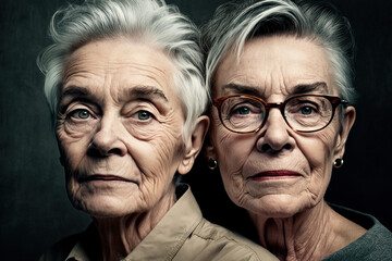 Two elderly women revealing the beauty and wisdom of a life well-lived. Captivating portrait of powerful and emotive elderly women who have lived a life full of experiences and stories. Generative AI.