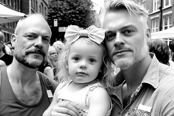 Vintage black and white photo of empowered family of two fathers and their daughter proudly during a historic LGBTQ+ protest march, representing love, acceptance, and equality for all. Generative AI.