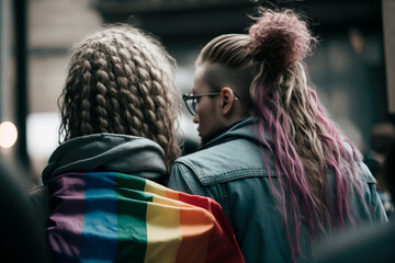 Young man and woman stand together in solidarity at a colorful LGBTQ+ march as a symbol of love and acceptance, carrying a rainbow flag in support of the community. Generative AI.