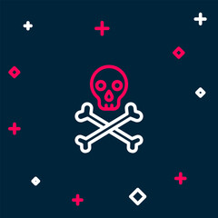 Line Skull on crossbones icon isolated on blue background. Happy Halloween party. Colorful outline concept. Vector