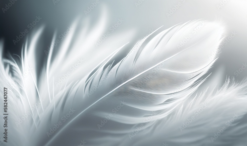 Poster  a close up of a white feather on a black background with a blurry effect to it's image and the feather is almost white.  generative ai