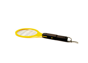Used electric mosquitoes and flies killer bug zapper racket handheld with hanging rope end hook, battery operated isolated on white background