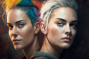 Two empowered women posing confidently, standing tall and proud, with their heads held high, representing strength, diversity, and equality in today's world. LGBT and pride concept. Generative AI.