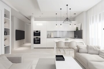 Fototapeta premium White home living room and kitchen interior design. Modern loft apartment. Illustration AI
