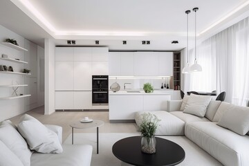 White home living room and kitchen interior design. Modern loft apartment. Illustration AI