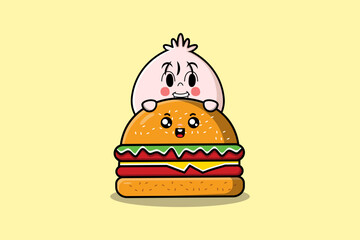 Cute Dim sum cartoon character hiding in burger illustration in flat modern design