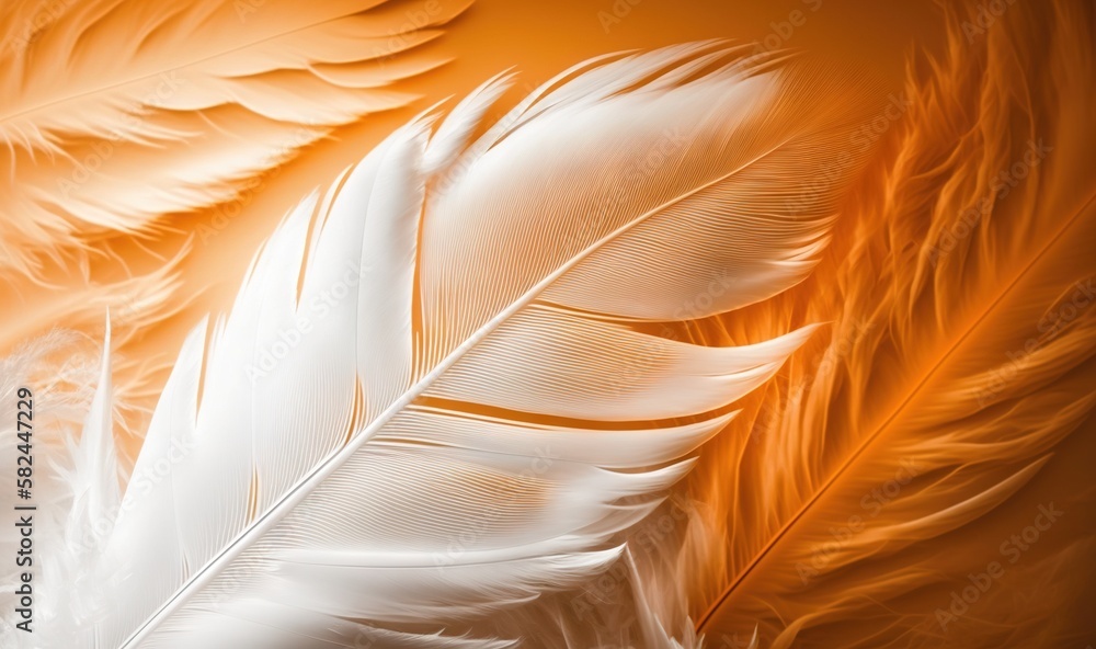 Poster a close up of a white feather on an orange background with a blurry effect to the left of the image 