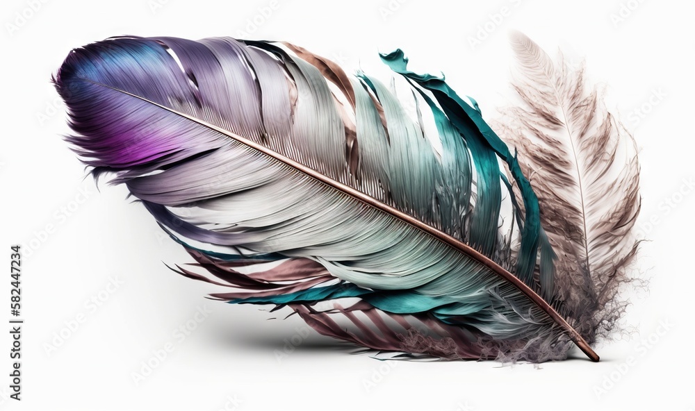 Poster a close up of a colorful feather on a white background with clippings to the left of the feather and