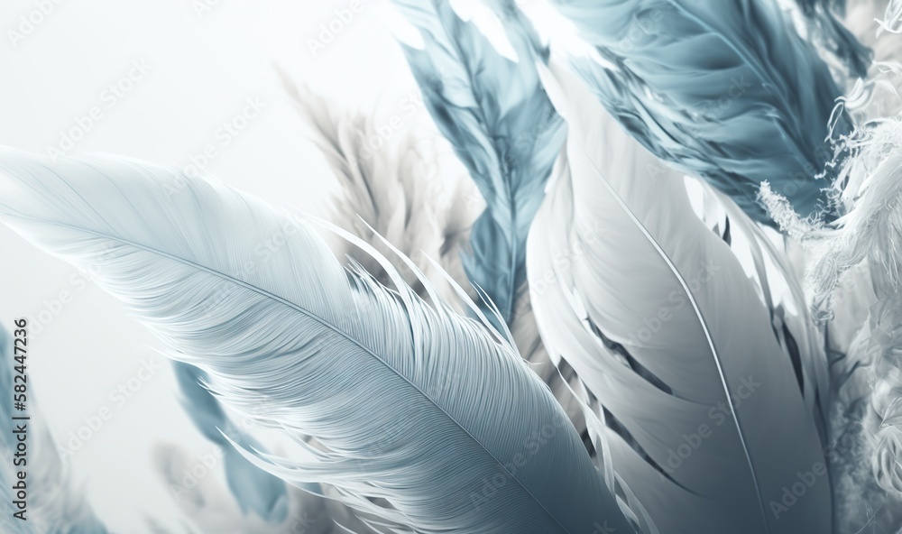 Poster a close up of a bunch of feathers on a white background with blue and grey colors and a blurry backg