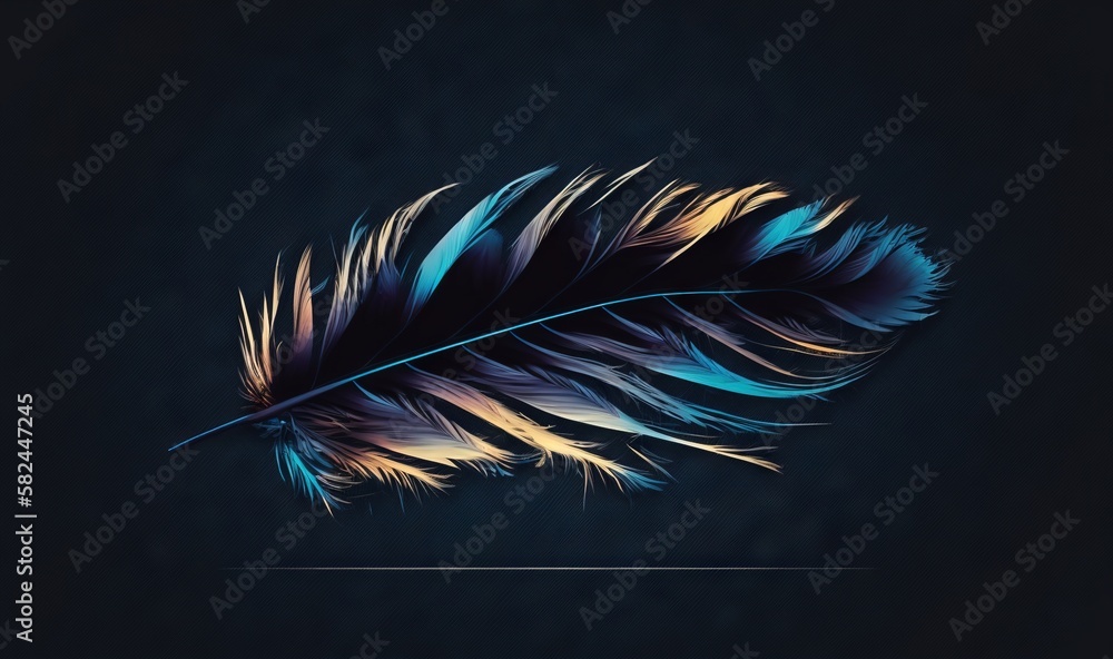 Poster a blue and orange feather on a black background with a reflection of the light on the feathers side 