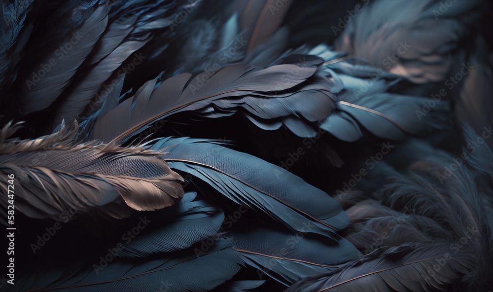Aufkleber a close up of a bunch of feathers on a black background with a blue tint to the left of the image an