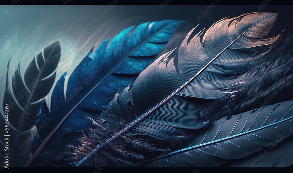 Poster  a close up of a group of feathers on a table top with a blue background and a black background with a black border with a blue border and white border with a black border.  generative ai