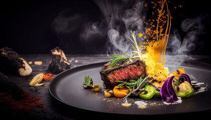 Food concept on a black background, delicious, luxurious meat meal in a plate. Medium roasted juicy meat. Dinner as in a restaurant, fine dining. Illustration, Generative AI.