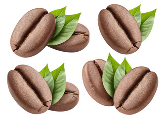 Collection of delicious coffee beans with leaves, cut out