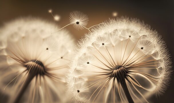  a close up of a dandelion with its seeds blowing in the wind against a dark background The delicate petals of the flower are illuminated by the sun, creating a bea