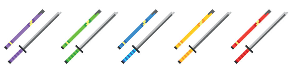 Pixel art 8-bit.Set of katanas of different colors.Dotted pop art illustration.Creative Vision Logotype concept.